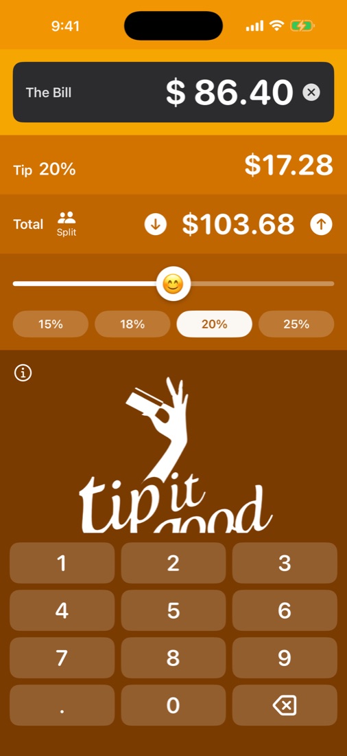 Bill of $86.40 with a 20% tip of $17.28 and a total of $103.68