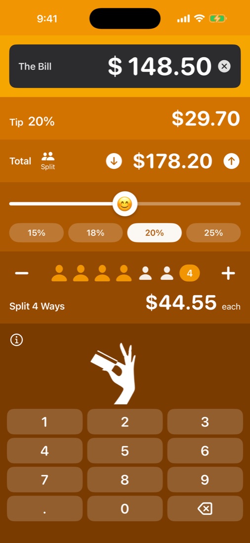 Bill of $148.50 split four ways at $44.55 each